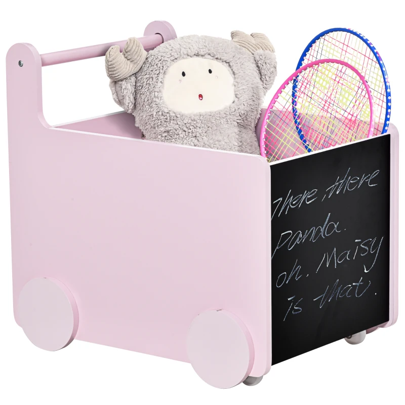HOMCOM Caja de Almacenamiento de Juguetes Infantil con Ruedas Asa y 2 Pizarras de Escritura Baúl de Almacenaje para Habitación de Niños Guardería Sala de Juegos 47x35x45,5 cm Rosa
