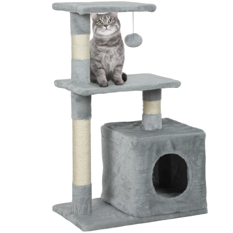 PawHut Arbre à chat tour de jeux pour chats poteaux en sisal, 2 plate-forme, niche, balle, tissu peluche, 50x30x81,5cm, gris