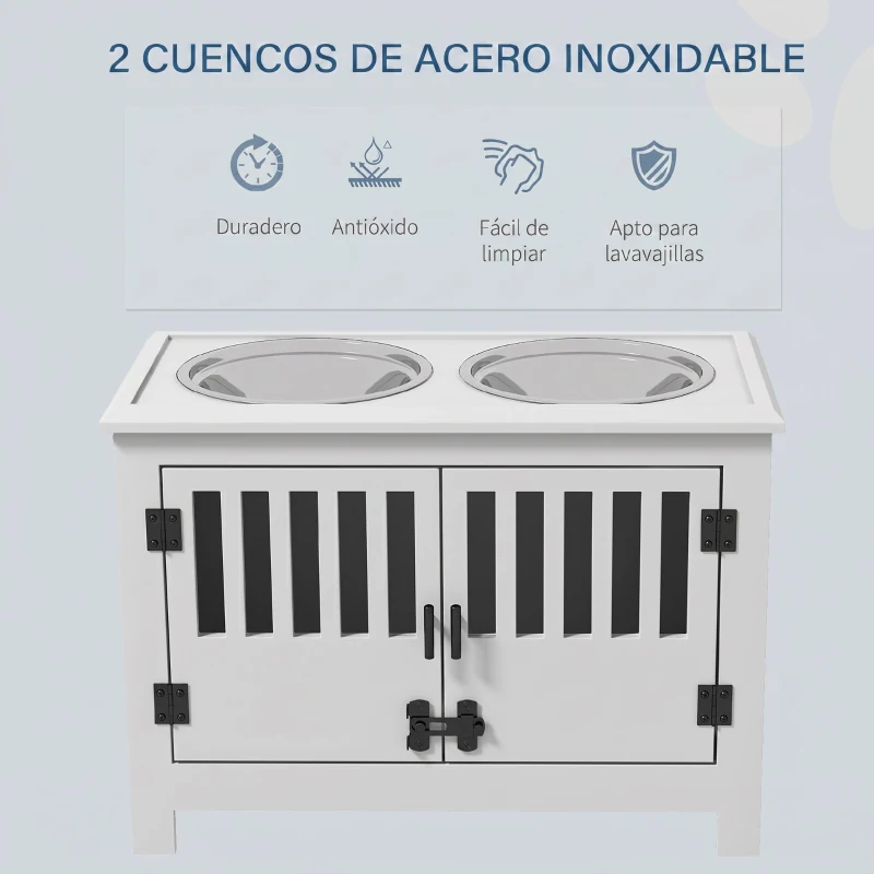 PawHut Comedero Perro Elevado con 2 Cuencos de Acero Inoxidable 2x2 L con Almacenamiento 37L y 2 Puertas con Pestillos Blanco