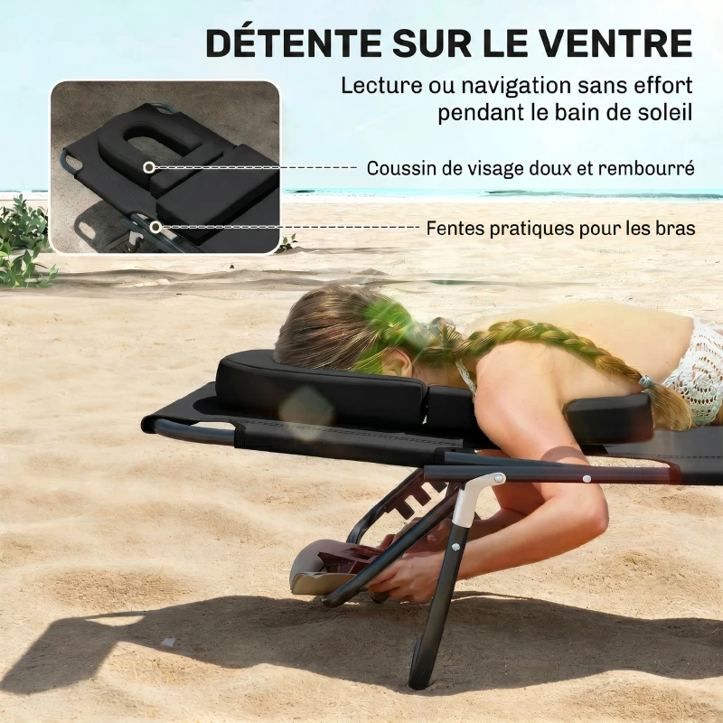 HOMCOM Transat de Jardin Chaise Longue Pliante Bain de Soleil pour Lecture Noir