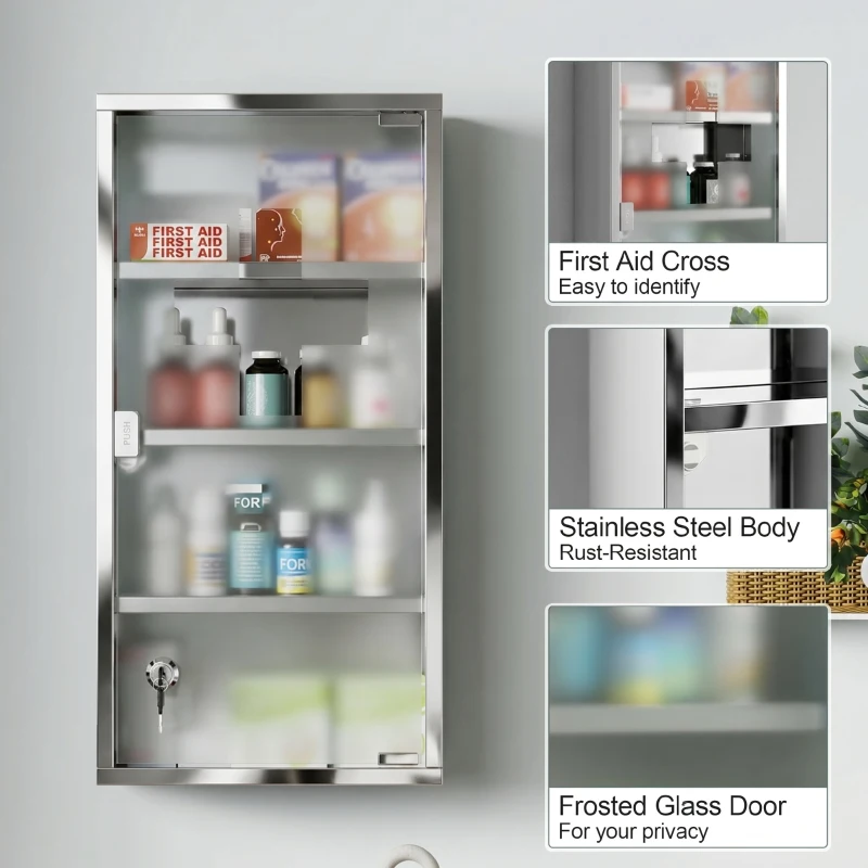HOMCOM Medizinschrank Arzneischrank aus Edelstahl, Abschließbar Medikamentenschrank mit 4 Fächern, Glastür Apothekerschrank zur Medikamenten-Aufbewahrung, 30 x 12 x 60 cm
