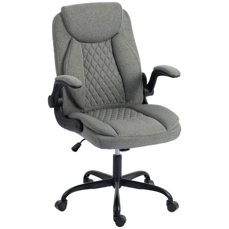 HOMCOM Linen-Look Computer Desk Chair, Executive Office Chair with Flip-Up Armrests and Thick Cushion, Grey