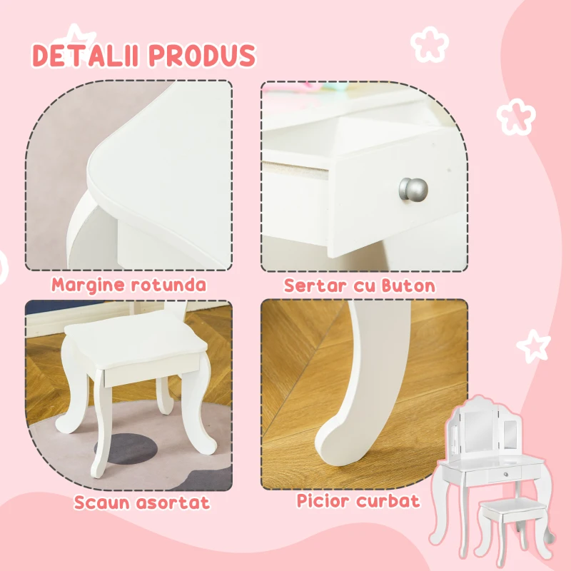 HOMCOM Masă de Toaletă pentru Copii cu Scaun și Oglindă Triplă, din Lemn și Acrilic, 63x40x85,5 cm, Albă