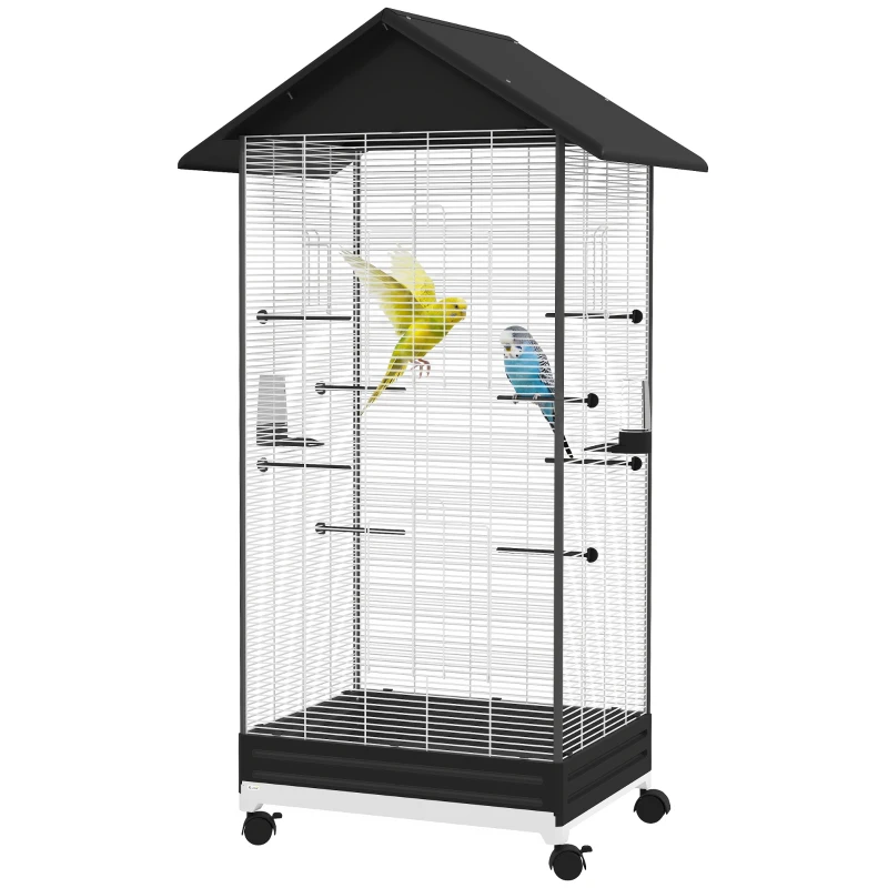 PawHut Jaula para Pájaros con Ruedas Pajarera Metálica con Bandeja Extraíble Puertas 79x65x155 cm Negro