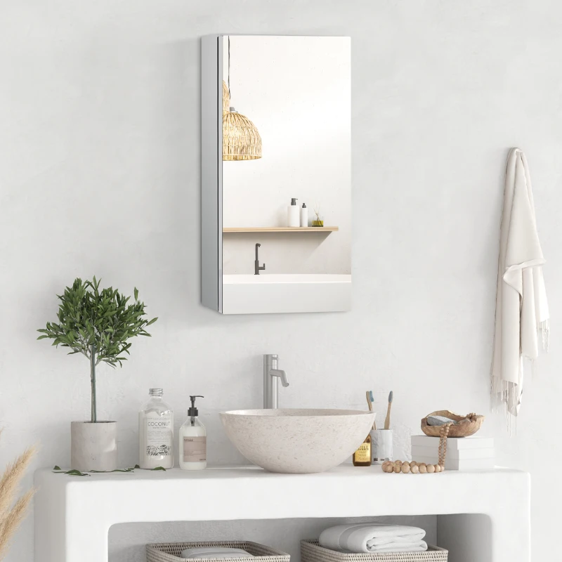 HOMCOM Armario de Baño con Espejo Armario de Pared con Puerta 2 Estantes y Marco de Acero Inoxidable 30x14x55 cm Plata