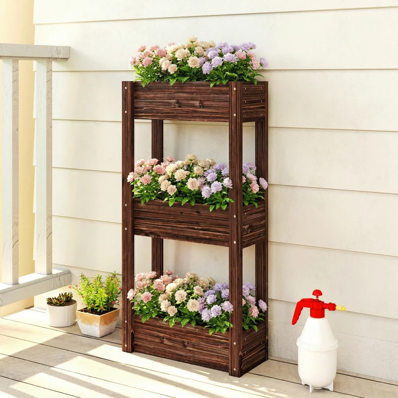 Outsunny Bac à Plantes Surélevé Jardinière sur Pieds 3 Niveaux Trous de Drainage et Doublure 60 x 25 x 120 cm, Marron