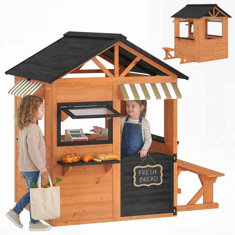 AIYAPLAY Cabane enfant extérieur en bois, maison enfant extérieur/intérieur avec cuisine de jeu, fenêtres, porte et banc, marron