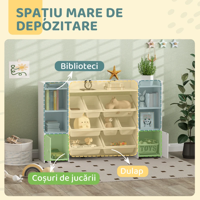 AIYAPLAY Raft pentru depozitarea jucăriilor pentru copii cu 8 containere detașabile și dulapuri, 140x30x90 cm, alb