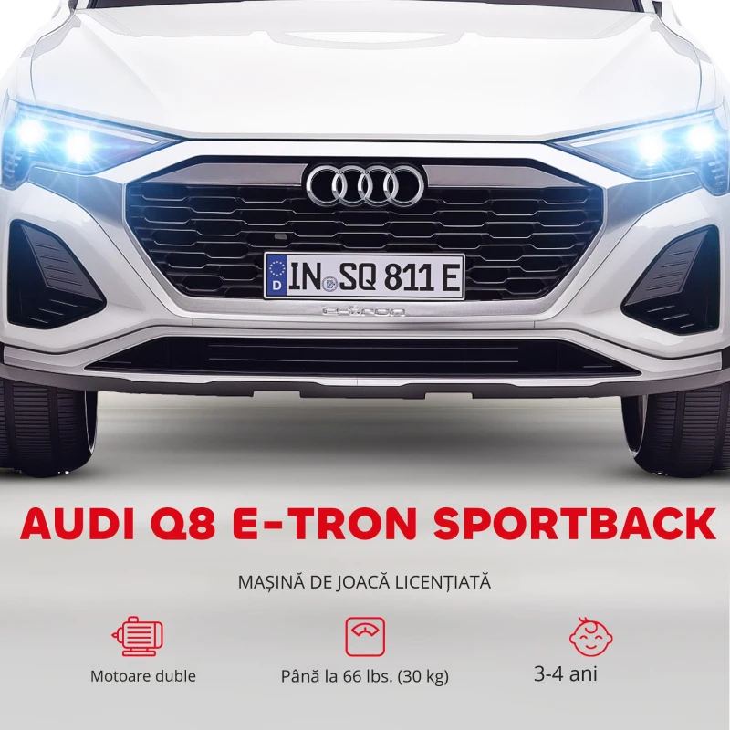 AIYAPLAY Mașină Electrică pentru Copii, 12V Audi Q8, 3-5 km/h, Telecomandă, Faruri, Muzică, Alb