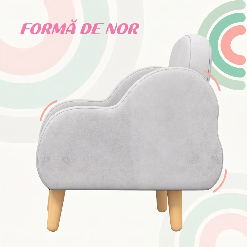 ZONEKIZ Fotoliu pentru Copii până la 3 Ani cu Brațe cu Model de Nor din Material Textil, 46x51x55cm, Gri