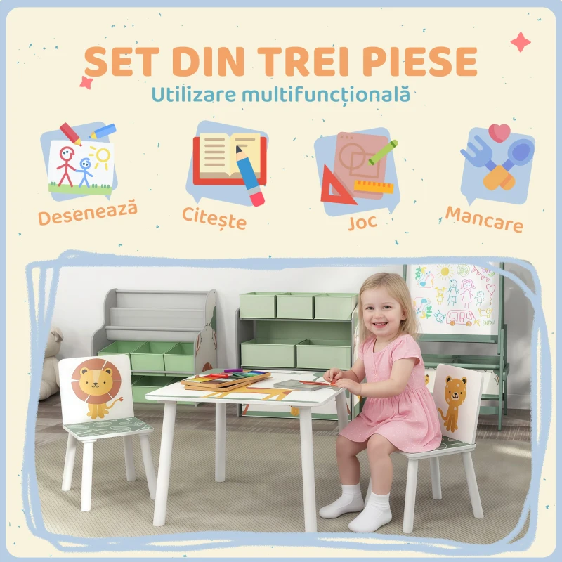 AIYAPLAY Set Mobilier Cameră Copii cu Masă și 2 Scaune pentru Copii de 3-8 Ani cu Model Animale, Verde