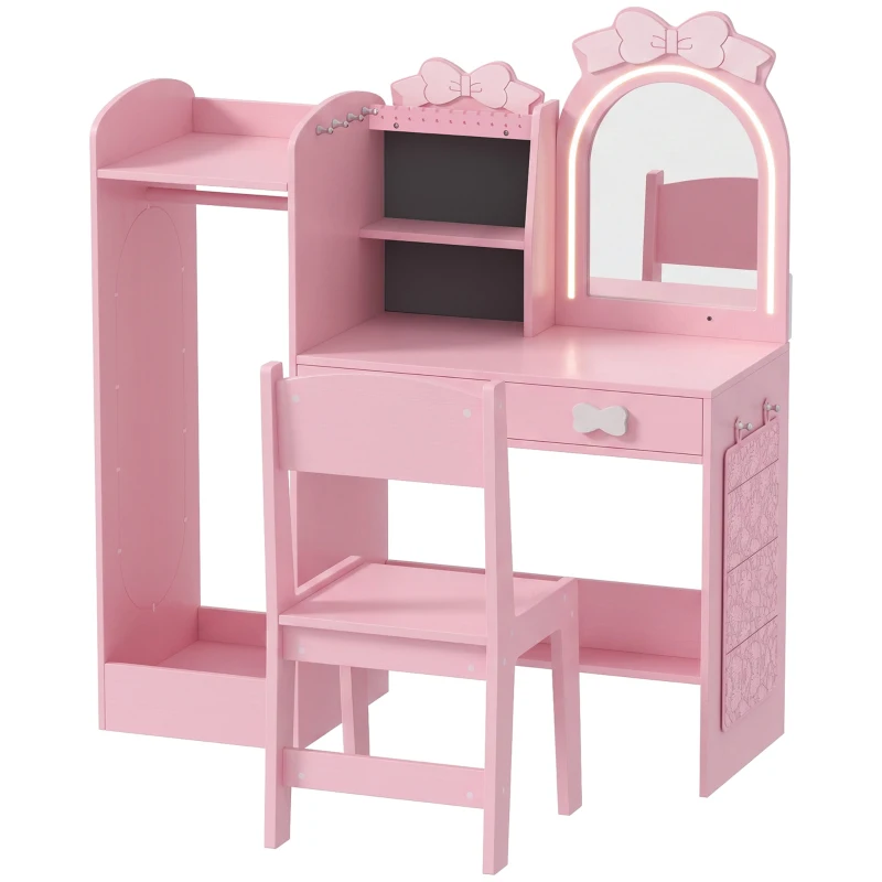 AIYAPLAY Coiffeuse pour Enfants avec Tabouret et Miroir Lumineux à 2 Couleurs en Acrylique, Coiffeuse Bureau Fille 3-8 Ans, Rose