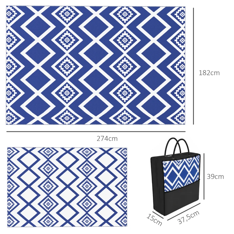 Outsunny Outdoorteppich Terrassenteppich, wetterbeständig, modernes Design, 182 cm x 274 cm x 0,3 cm, Blau + Weiß