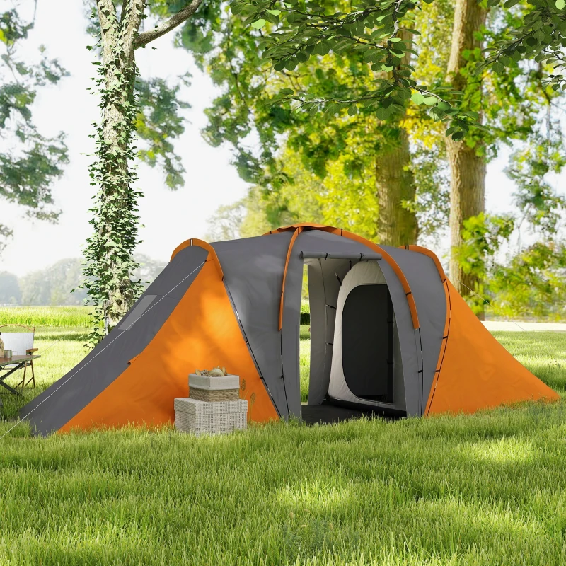 Outsunny Tunnelzelt, 2000mm Wasserabweisend Campingzelt für 4 Personen, mit 2 Schlafzimmern Wohnbereich Tragetasche Grau+Orange