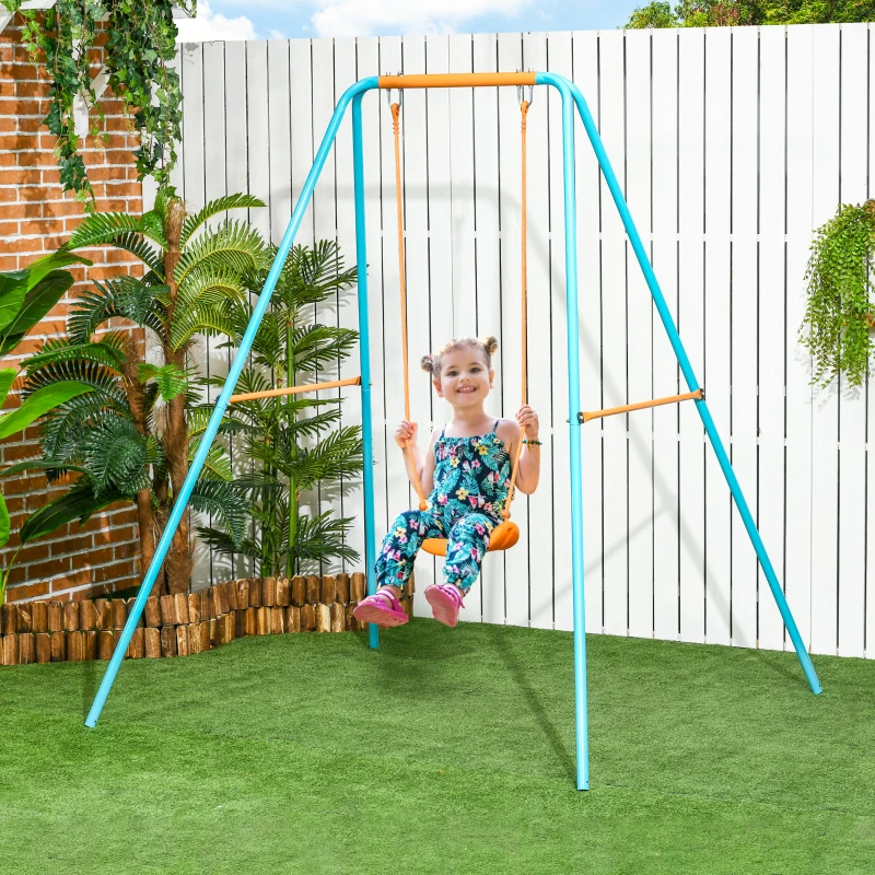 Outsunny Altalena per Bambini 3-8 Anni da Giardino in Acciaio e PE con Seggiolino e Picchetti, 163x145x181 cm