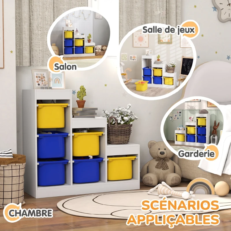 AIYAPLAY Meuble de rangement pour jouets des enfants avec 6 bacs amovibles, 3 niveaux de rangement, 96 x 38,5 x 90, multicolore