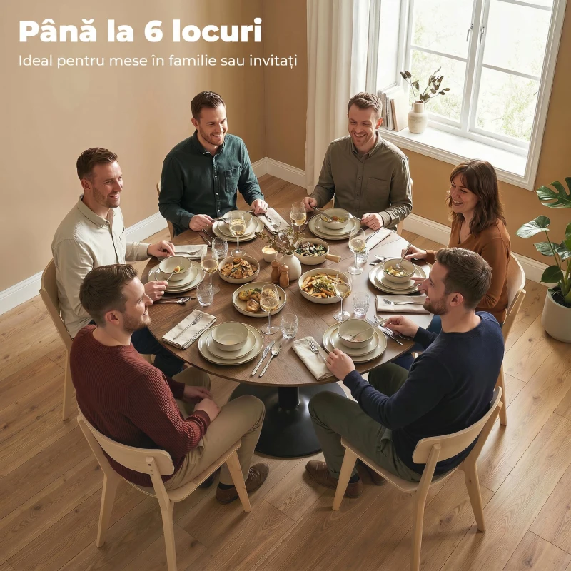 HOMCOM Masă rotundă de dining pentru 6 persoane, Ø110x78 cm, cu bază din oțel, maro cu efect de lemn