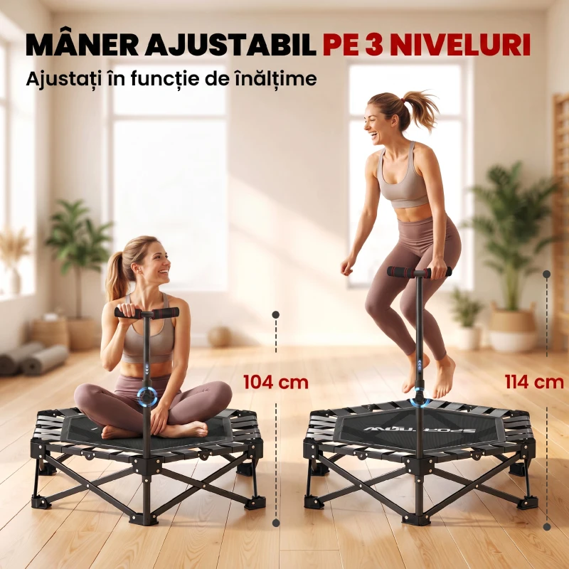 SPORTNOW Trambulină Fitness pentru Adulți Ø104 cm, Pliabilă, cu Sistem de Deschidere și Închidere dintr-o Singură Mișcare, Mâner Reglabil și 24 Corzi Elastice, Negru