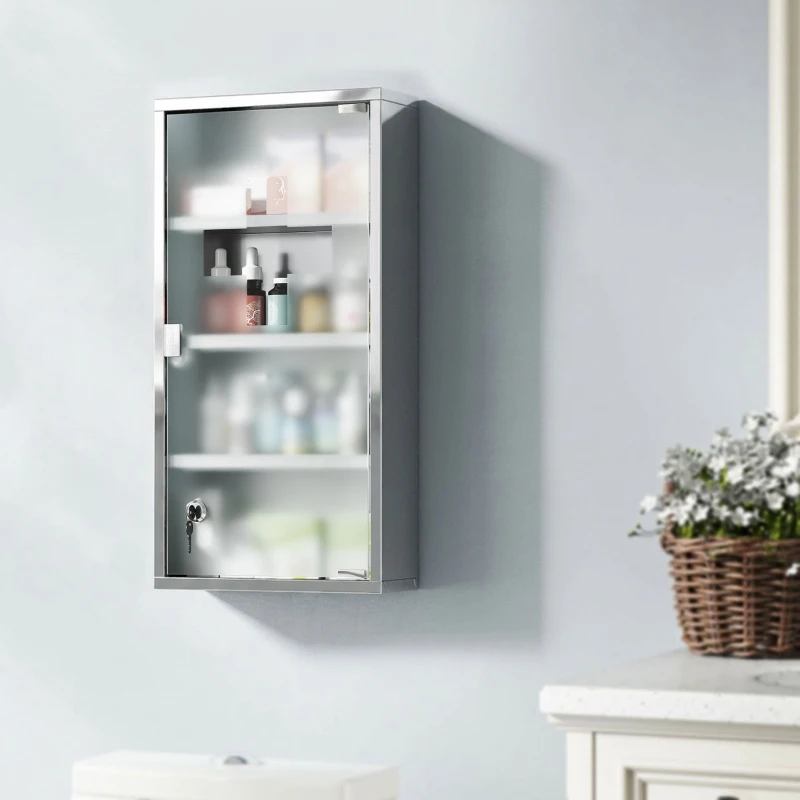 HOMCOM Medizinschrank Arzneischrank aus Edelstahl, Abschließbar Medikamentenschrank mit 4 Fächern, Glastür Apothekerschrank zur Medikamenten-Aufbewahrung, 30 x 12 x 60 cm