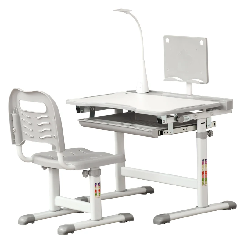 HOMCOM Juego de Escritorio y Silla para Niños de +6 Años Ajustable con Mesa Inclinable Lámpara Cajón y Estante para Libros Gris