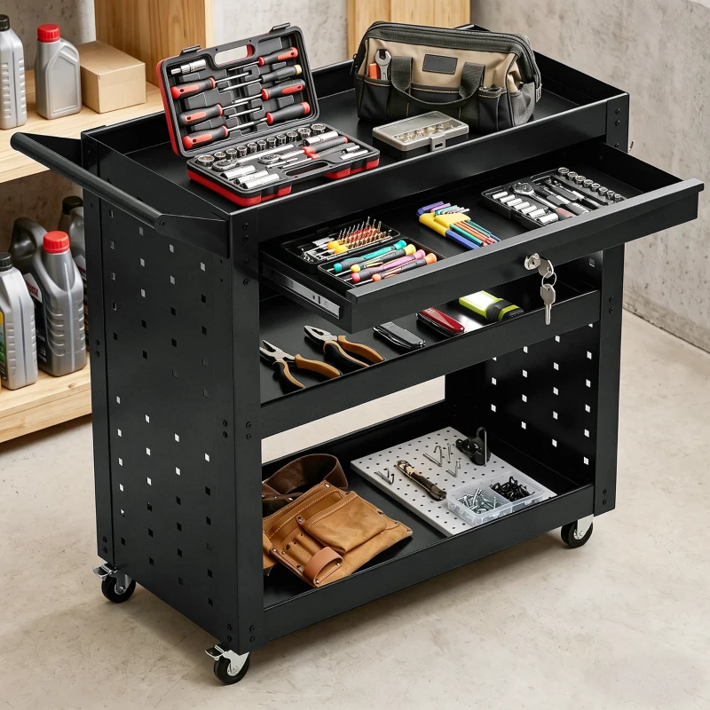 HOMCOM Tool Cart with Lockable Wheels, Rolling Workshop Cart with 3-Tier Trays, Drawer, Pegboards, Black