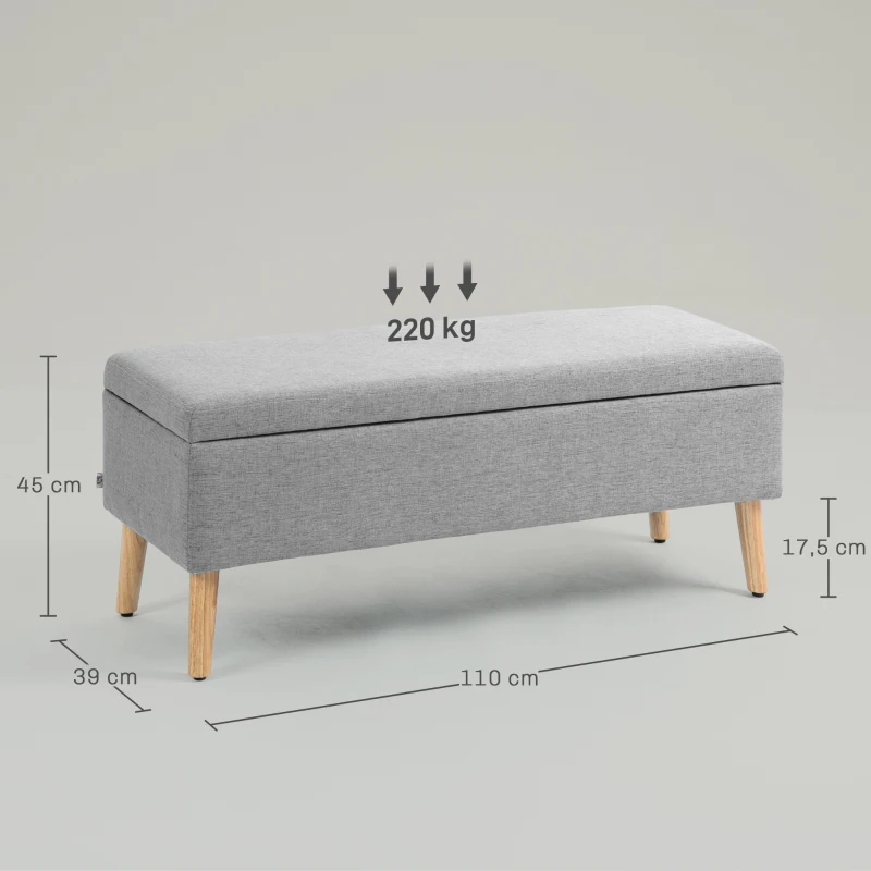 HOMCOM Banc coffre rangement rembourré aspect lin pour chambre à coucher, entrée, salon, charge 220 Kg, 110 x 39 x 45 cm, gris