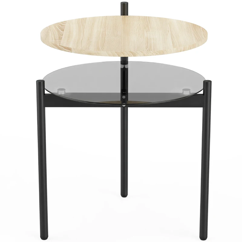 HOMCOM Măsuță laterală rotundă cu poliță deschisă din sticlă pentru spații mici, living, dormitor, 41,8 x 39,8 x 53,5 cm, stejar
