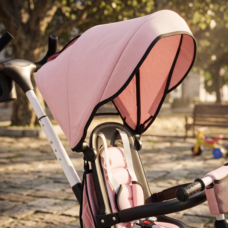 AIYAPLAY Triciclo Evolutivo 6 em 1 Dobrável Assento Giratório 360° Barra Parental Encosto Reclinável Toldo Rosa