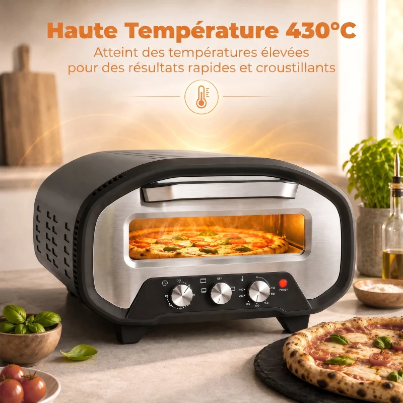 HOMCOM Four à Pizza Électrique d'Intérieur 2200 W jusqu'à 430°C, Pierre en Céramique Ø30,5 cm, Minuteur 60 min, Noir