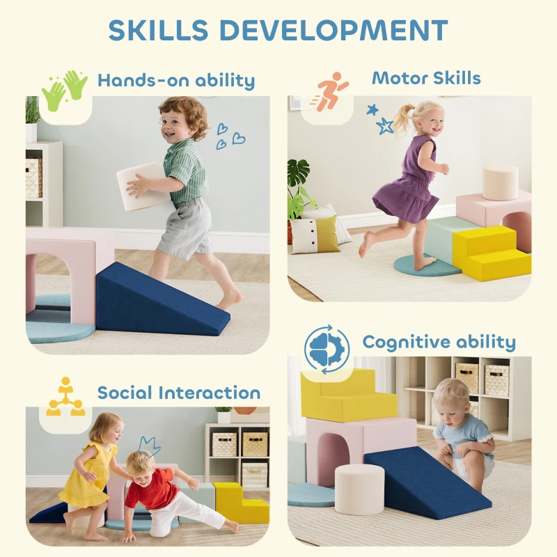 AIYAPLAY 8-Piece Foam Play Blocks for Kids, Soft Motor Skill Blocks with Washable Velvet Covers, Indoor Climbing Set, Multicolor