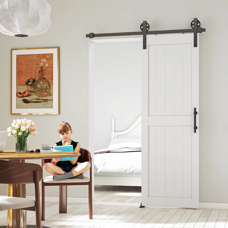 HOMCOM 152.4cm Sliding Barn Door Kit, Sliding Door with Track, Hardware, Upgraded Rollers and Floor Guide, Handle, White