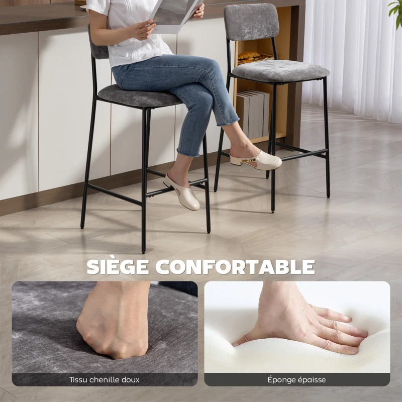 HOMCOM Lot de 2 tabourets de bar en tissu chenille, chaises de bar rembourrées, assise large, dossier haut, 45,5x48x101cm, gris