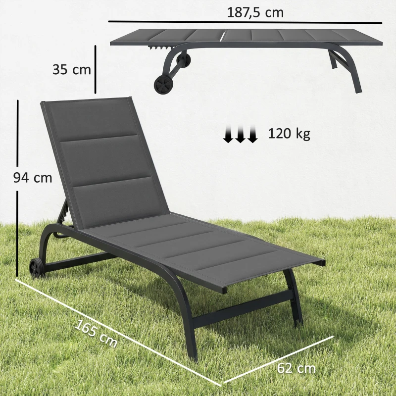 Outsunny Bain de Soleil en Aluminium, Dossier Réglable 6 Positions avec Roues, Rembourrage Intégré, 62x165x94cm, Gris Foncé