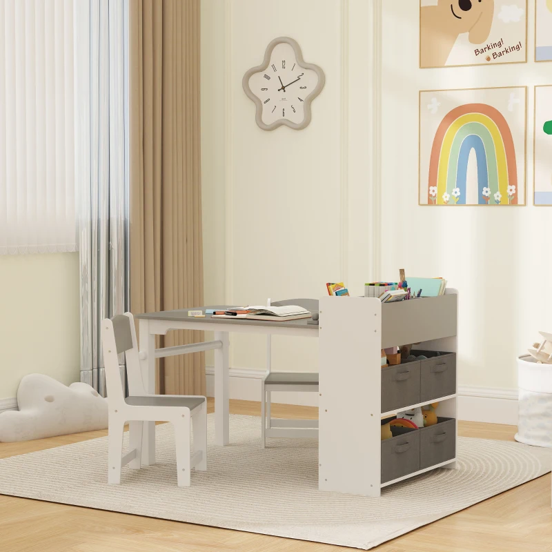 AIYAPLAY Set Tavolo e Sedie per Bambini con 2 Sedie e Tavolino Contenitore, in Legno e Tessuto non Tessuto, Grigio e Bianco
