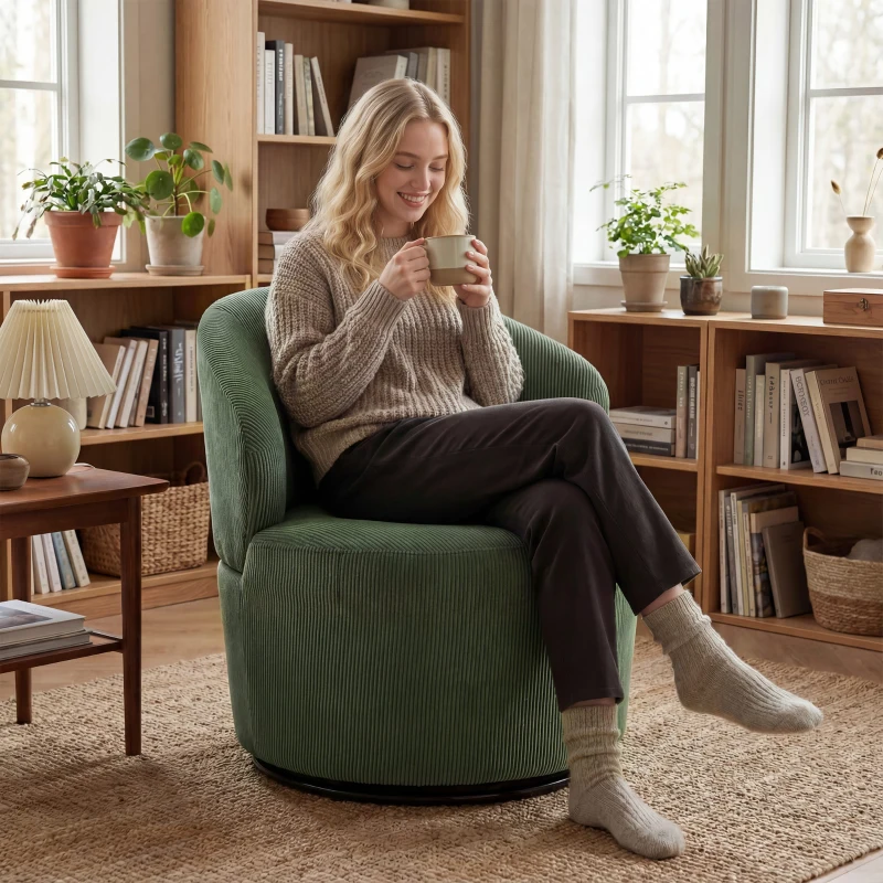 HOMCOM Accentstoel, 360 graden draai, moderne draaifauteuil met ronde voet, voor woonkamer en slaapkamer, groen
