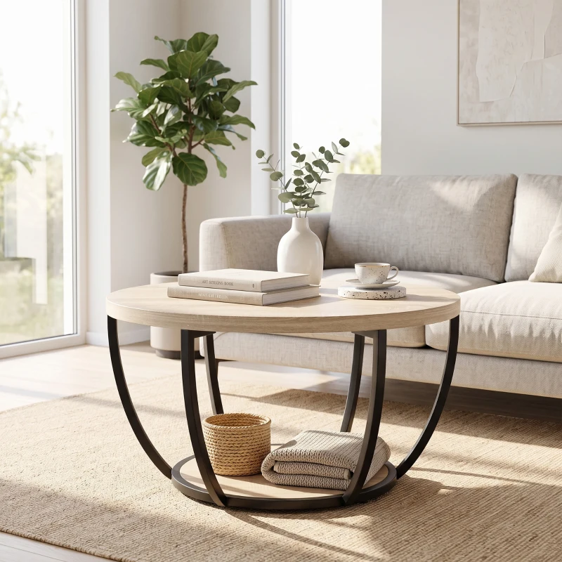 HOMCOM Mesa de Centro Redonda para Sala com Prateleira e Estrutura Metálica 80x80x43,8 cm Carvalho