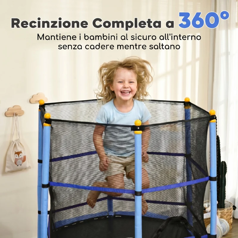 HOMCOM Trampolino Elastico per Bambini Ø1.6x1.9 m con Rete di Sicurezza e Pali Imbottiti, Età 3-10 Anni, Blu