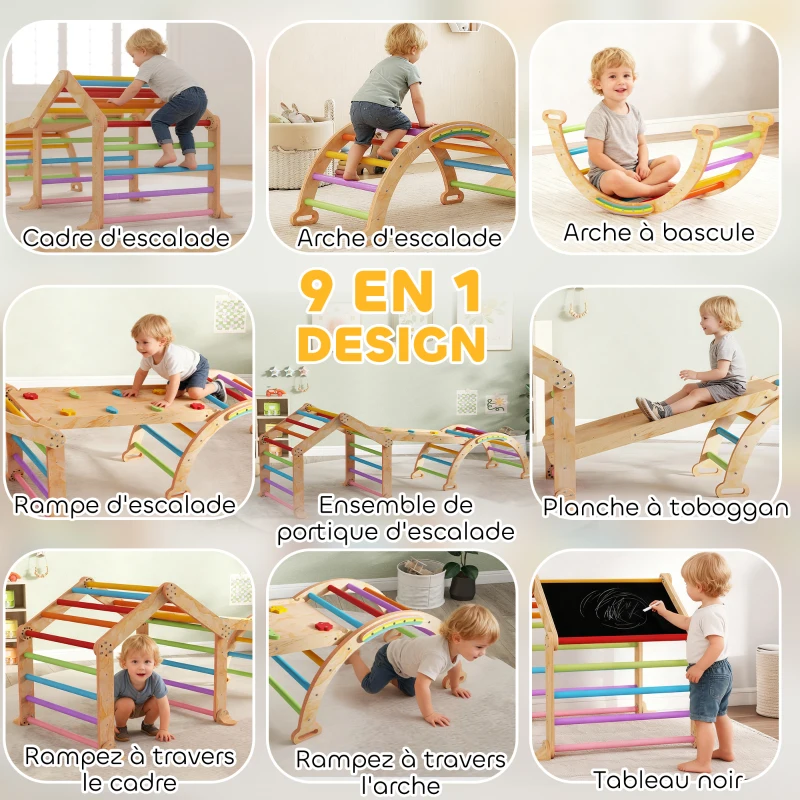 AIYAPLAY Triangle d'escalade enfant avec rampe réversible toboggan bascule et structure d'escalade multicolore