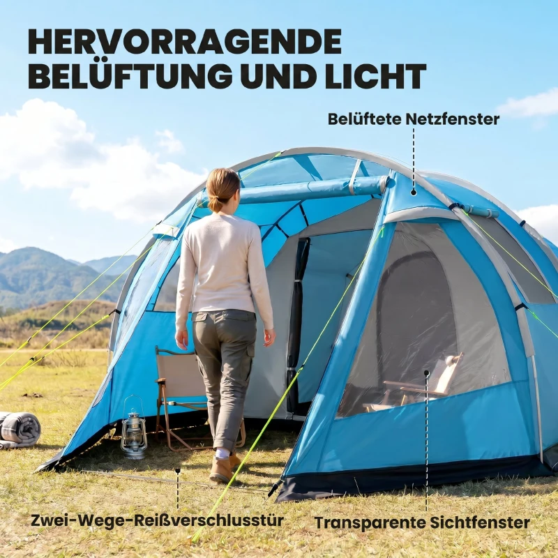 Outsunny Campingzelt Trekkingzelt Zelt, wetterbeständig, 2 Räume,  475 x 264  cm Breite x 172, Blau