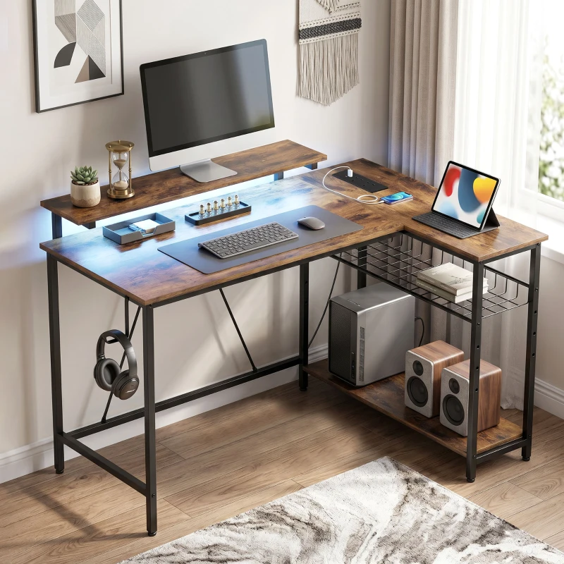 HOMCOM Reversible 'L' LED Light Gaming/Work Desk - Rustic Brown