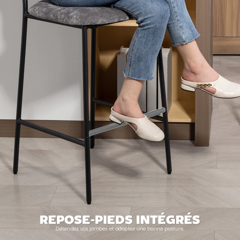 HOMCOM Lot de 2 tabourets de bar en tissu chenille, chaises de bar rembourrées, assise large, dossier haut, 45,5x48x101cm, gris