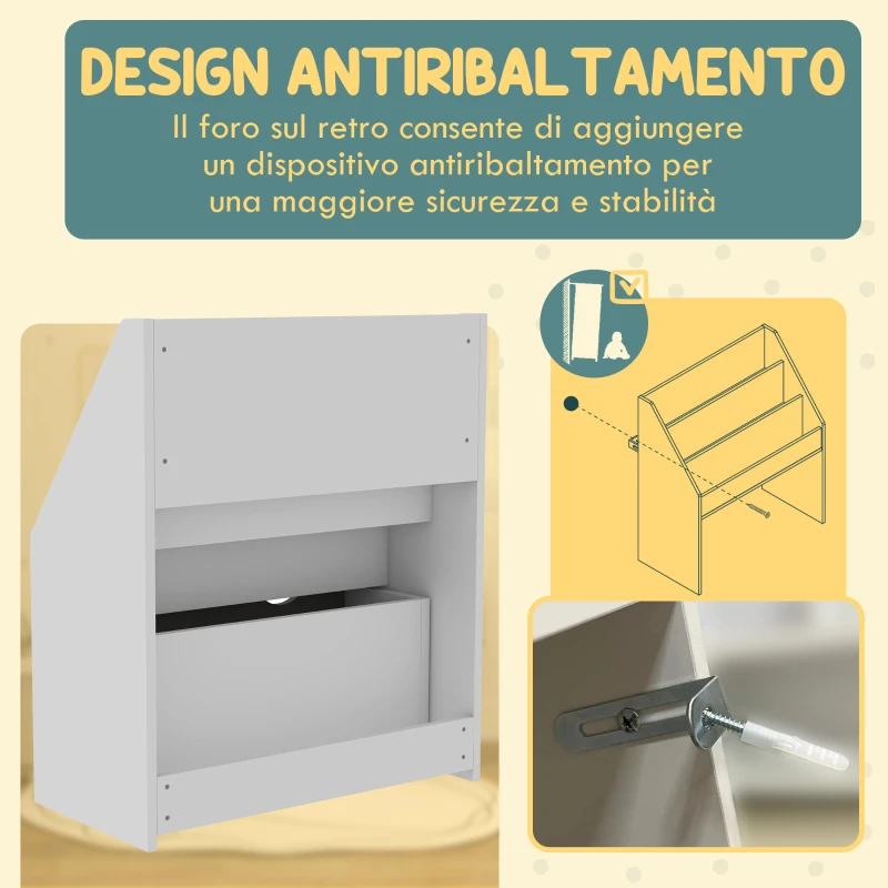 AIYAPLAY Libreria per Bambini 3-8 Anni a 3 Ripiani con Cassetto Inferiore, in MDF, 62.5x30x70 cm, Grigio