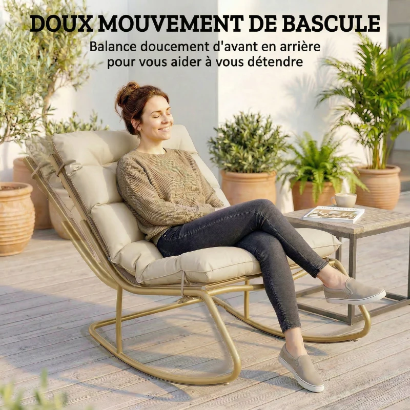 Outsunny Fauteuil à Bascule Extérieur Coussin Moelleux 125cm Large 64cm en Acier et Textilène Beige et Doré