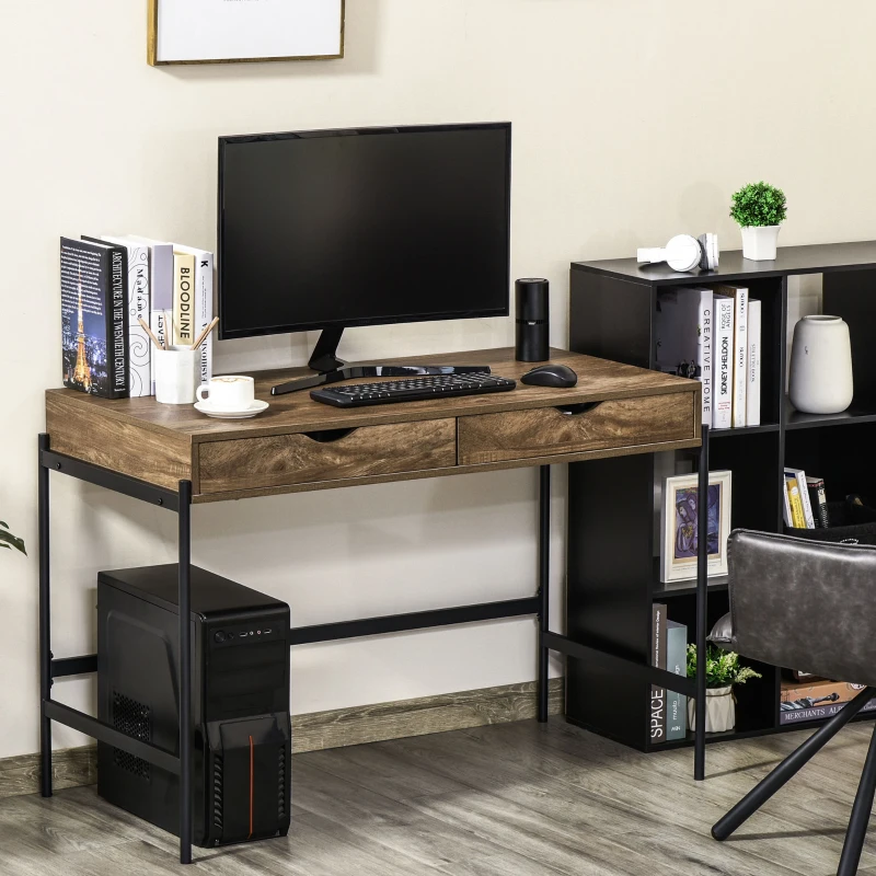 HOMCOM Bureau Style Industriel dim. 110L x 55l x 75H cm tiroir + 2 tiroirs piètement métal Noir Plateau MDF pour étude, Aspect Bois
