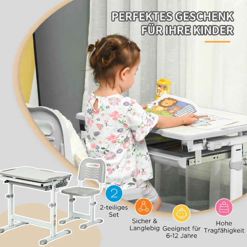 HOMCOM Birou de școală pentru copii de 6-12 ani cu scaun reglabil pe înălțime, blat înclinabil, 66x47x52-77 cm, Gri