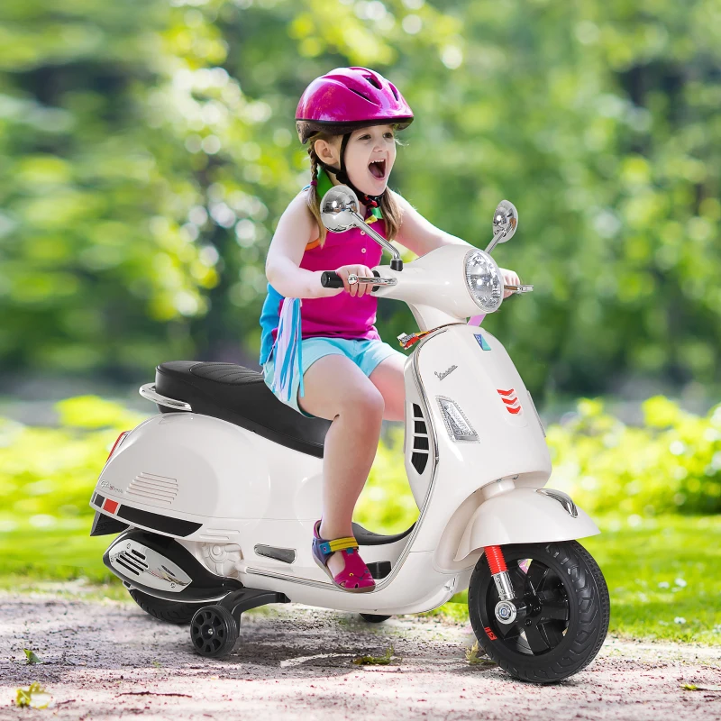HOMCOM Motocicletă electrică pentru copii, design Vespa, baterie 6V cu sunete și lumini, vârsta 3-6 ani, alb