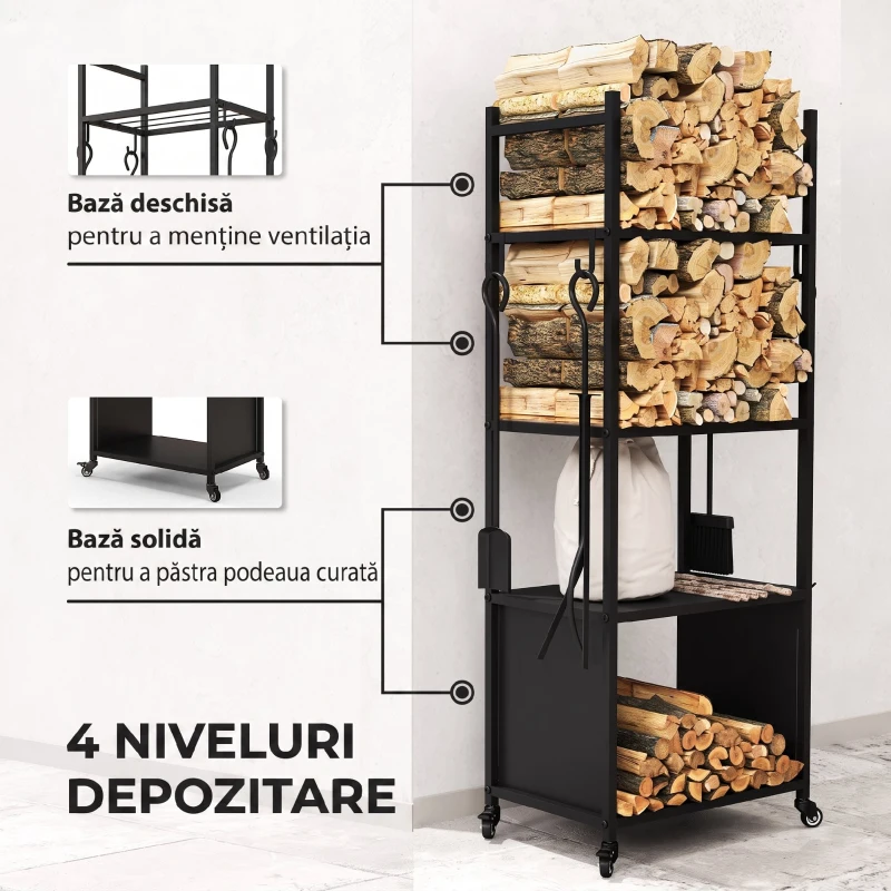 Outsunny Suport pentru Lemne de Foc de Interior și Exterior cu Roți și 4 Ustensile, cu Lopățică, Vătrai, Perie și Clește, Metal, 45 x 30 x 118 cm, Negru