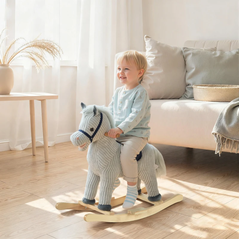 HOMCOM Cheval à bascule pour enfant, jouet à bascule en peluche, à effets sonores, avec poignées, pédale, gris et blanc