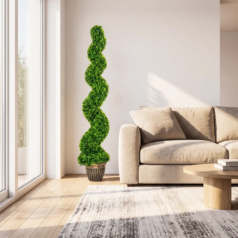 HOMCOM Spiralförmiger Buchsbaum, 2er Set Kunstpflanzen, mit Topf, 150 cm Höhe, Grün