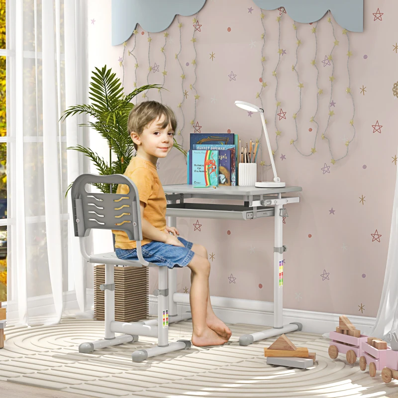 HOMCOM Banco Scuola per Bambini 6-12 Anni con Sedia e Altezza Regolabile, Piano Inclinabile, 66x47x52-77 cm, Grigio